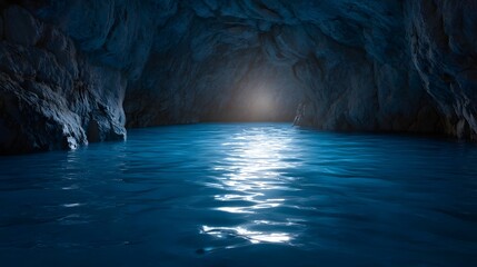 A tranquil blue water cave with soft light illuminating the surface reflections