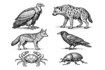 Obraz premium Detailed illustration of scavenger animals: vulture, hyena, jackal, raven, crab, beetle