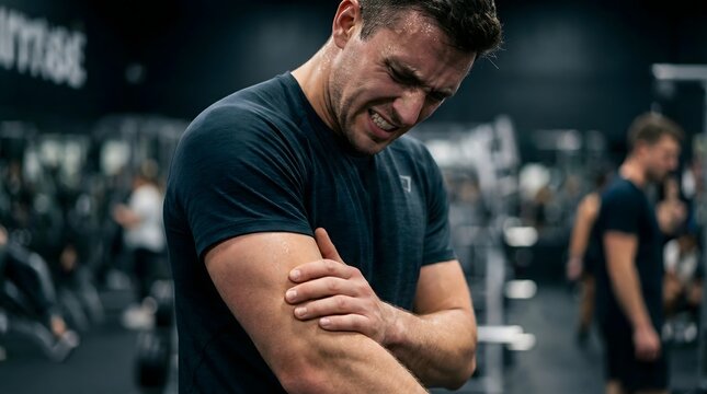 A muscular man at the gym winces in pain, clutching his bicep or upper arm due to an injury or muscle strain during a workout