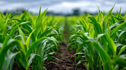 Fototapeta premium A lush green field of young corn plants growing in well maintained rows outside