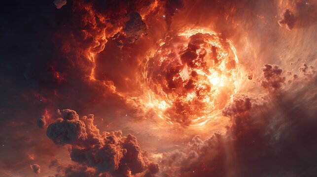 a dying star exploding into a supernova, cosmic shockwaves devouring nearby planets, glowing orange-red plasma clouds, destruction and rebirth energy, hyper-realistic fine art, cinematic depth, 