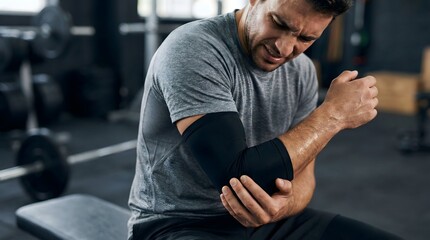 Obraz premium A man wearing an elbow brace sits on a gym bench, grimacing and holding his elbow, clearly experiencing pain or discomfort from an injury