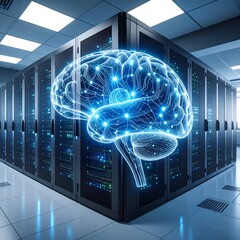 Digital brain superimposed on server racks, representing AI and computing