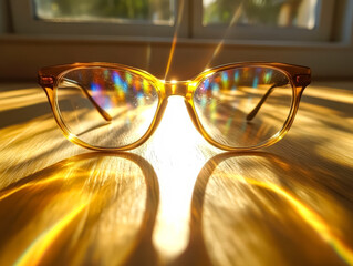 Fototapeta premium Close-up of the eyeglasses sitting on the table with bright sunlight and rainbow effect. It gives a beautiful contrast of light and shadow