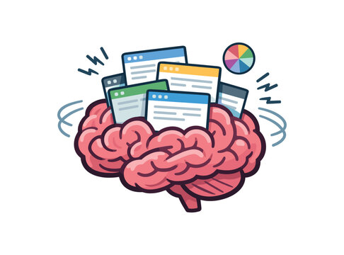 colored flat icon vector illustration isolated on white background brain with many tabs like open small spinning wheel icon intrusive thoughts and overload