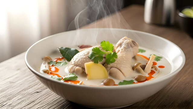 Steaming hot bowl of Tom Kha Gai, a traditional Thai coconut milk soup with chicken, mushrooms, galangal, and kaffir lime leaves, garnished with cilantro.