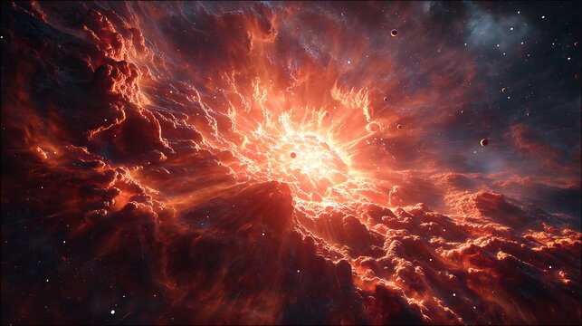 a dying star exploding into a supernova, cosmic shockwaves devouring nearby planets, glowing orange-red plasma clouds, destruction and rebirth energy, hyper-realistic fine art, cinematic depth, 