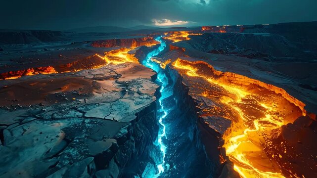 Rift of Fire and Ice: A visually stunning scene depicts a fiery river of lava juxtaposed against a chilling icy waterway, creating a dramatic interplay of elements.