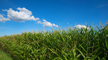 Obraz premium A green cornfield in bloom and a blue sky with a few clouds. agricultural scene