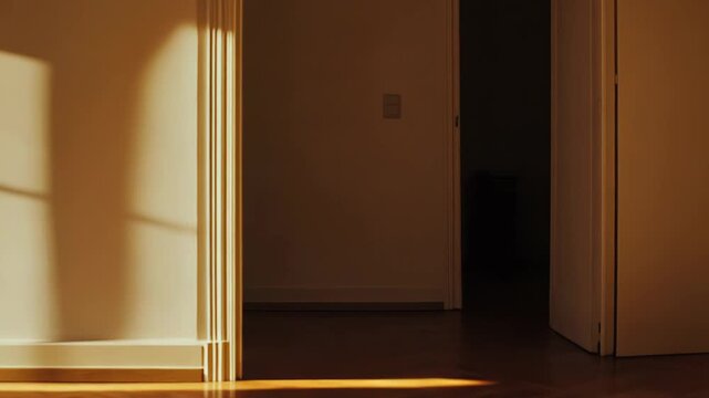 Warm sunlight stripes cast strong shadows across a minimalist apartment hallway floor, evoking peaceful, inviting modern interior living with warm contrast and quiet architectural rhythm