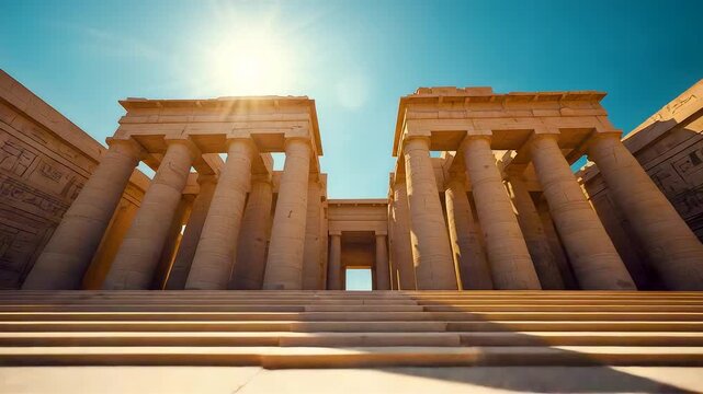 Ancient stone temple with towering columns and grand steps under bright sun showcasing classical architecture and monumental heritage