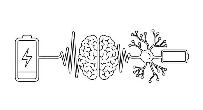 Mental health, emotional balance a line drawing of a battery connected to a brain and a neuron on a representing a neural network or artificial intelligence concept
