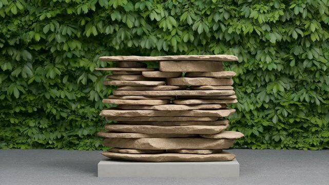Abstract stone sculpture with layered design against a lush green backdrop. Represents modern art, nature-inspired aesthetics, and tranquility in design