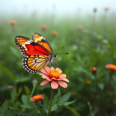 Obraz premium A Vibrant Orange Butterfly Resting Upon A Delicate White Flower Amidst A Soft Sunlit Garden Background.