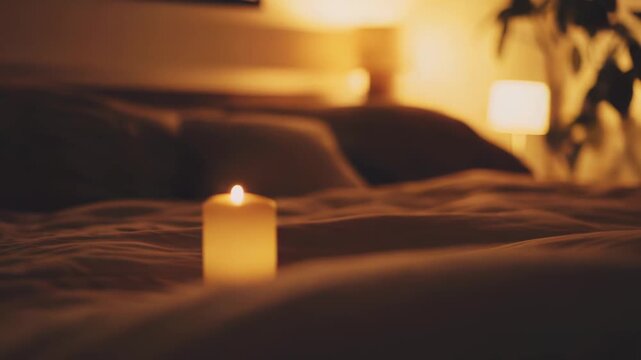 Soft candlelight emanating from a lit candle on a wrinkle bed, illuminating a comfortable bedroom with warm glow for relaxation and intimate moments at night