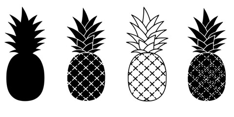 Fototapeta premium Simplified pineapple icon. Symbol of tropical fruit: black silhouette, outline lines, and dashed line. Five style variations.