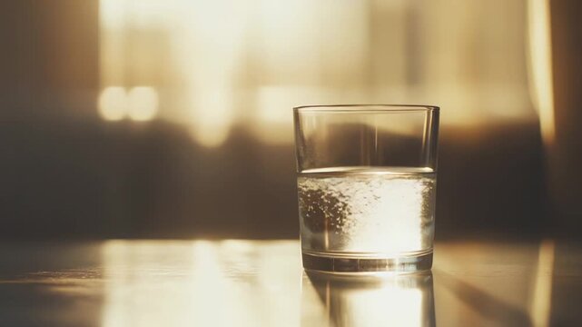 Ladle pouring pure, transparent water into a clear glass on a reflective surface, illuminated by warm sunlight, representing concepts of hydration, wellness, and healthy lifestyle