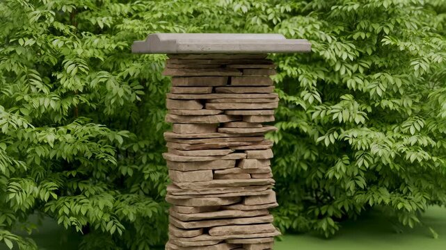 Stacked stone pedestal with a flat top surrounded by lush greenery. Ideal for outdoor decor, landscaping, or garden design