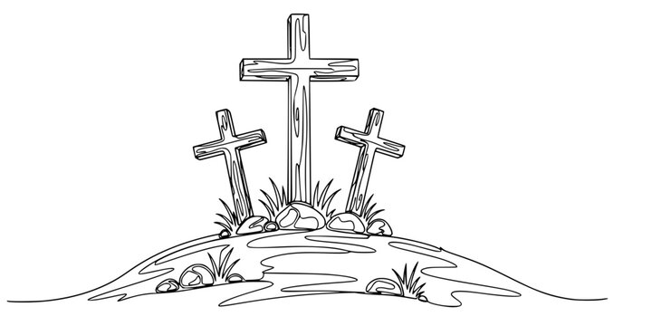 Three Christian crosses on a hill, symbolizing Golgotha, Easter, faith, and religion. Drawing in one line art style with editable black stroke. 