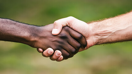 Close-up of a handshake between two individuals with different skin tones, set against a blurred green background