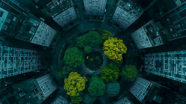 Top down aerial view of circular urban buildings surrounding lush green trees forming striking city geometry with nature centered design