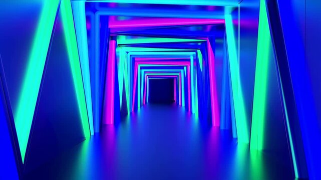 Futuristic neon-lit corridor with vibrant blue and green lights creating a mesmerizing tunnel effect. Ideal for sci-fi themes and modern aesthetics