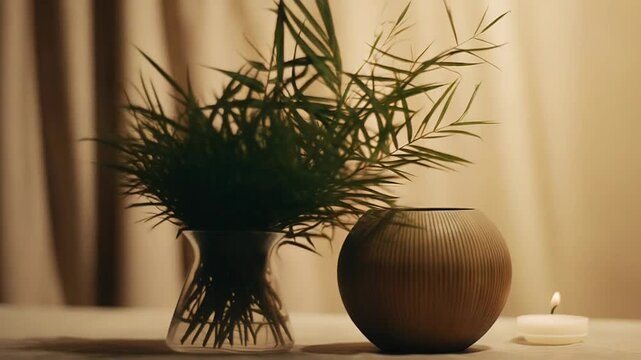 Warm interior still life scene featuring a slender leaf plant in a glass vase, a textured round ceramic vase, and a burning tea light candle on a table surface