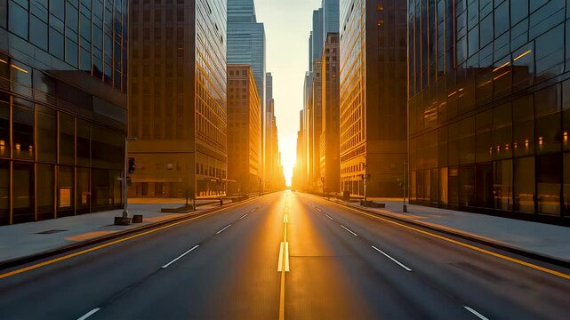Empty city street framed by tall skyscrapers at sunrise with golden light flooding the road creating dramatic urban perspective and calm morning mood