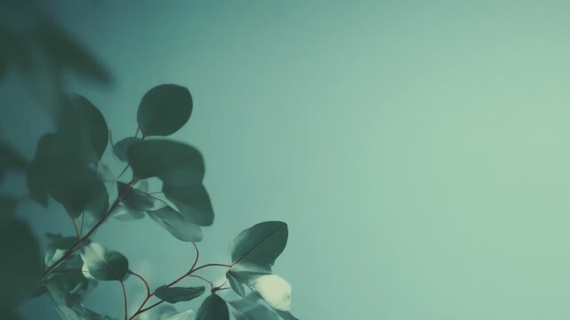 Eucalyptus branches with round leaves frame the left side, providing a fresh, botanical element against a smooth, tranquil teal mint colored background, ideal for wellness or nature concepts