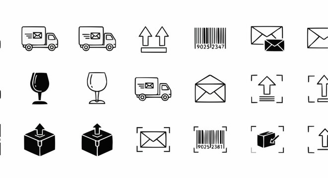 Logistics and shipping icons including trucks envelopes barcodes and boxes on white background