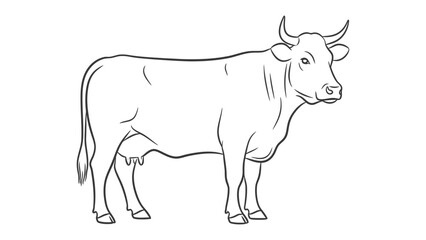 Fototapeta premium Line Art Cow Portrait: A detailed line drawing of a cow standing calmly, showcasing its bovine features and horns.