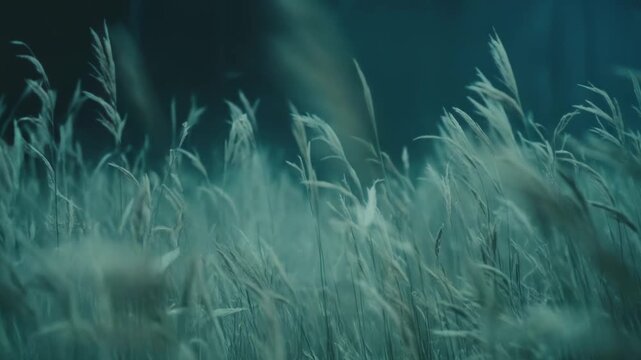 Wild tall grasses with feathery plumes softly swaying against a dark, blurred background, creating a tranquil and contemplative natural scene with a muted color palette