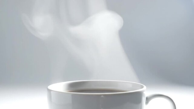 A white coffee cup with steaming liquid against a gray backdrop