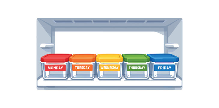 full color flat icon fridge shelf with clear boxes labeled monday to friday colorful lids