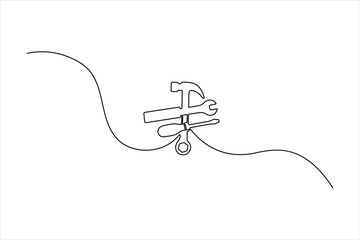 Fototapeta premium Minimalist repair icon with hammer over crossed wrench and screwdriver in a continuous one-line art style. Perfect for service and DIY branding.