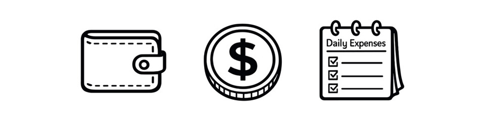 Obraz premium black and white outline wallet outline coin icon daily expense note tiny