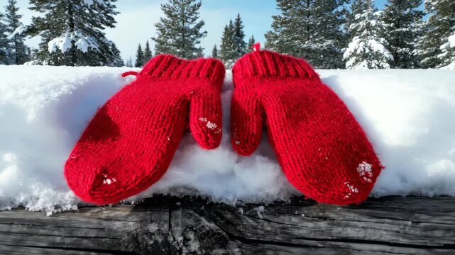 Wooden park bench covered with fresh snow featuring bright red mittens resting on top in winter forest clearing