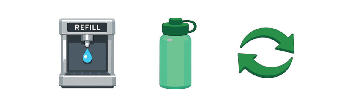 full color flat refill station pump silver bottle mint green arrows dark green