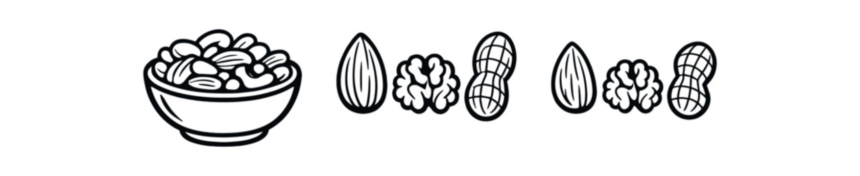 black and white outline nuts mix bowl almond walnut peanut shapes