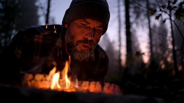 Man Blowing on Campfire in Forest at Dusk with Warm Lighting