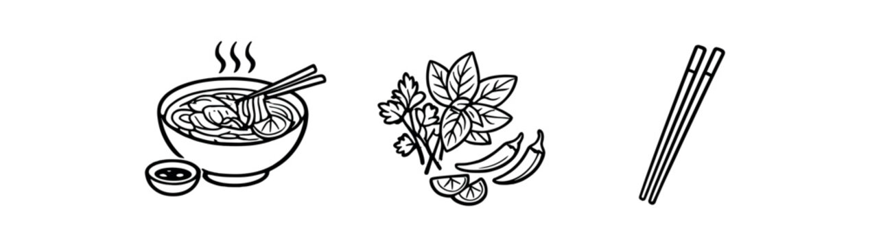 black and white outline vietnamese pho soup herbs chopsticks