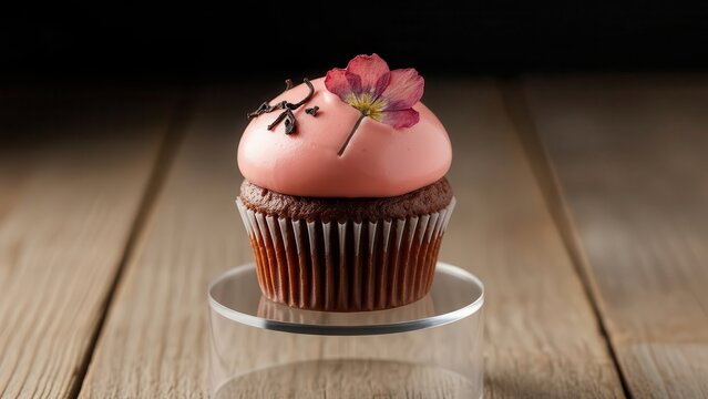Gourmet chocolate cupcake with pink frosting and edible flower decoration, presented on a clear stand against a dark, rustic wooden background