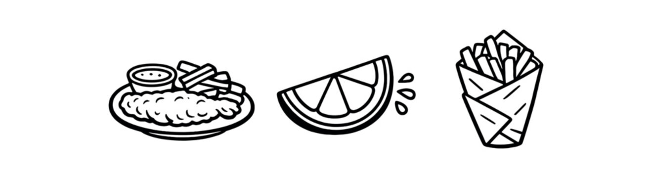 black and white outline british fish and chips lemon wedge paper wrap