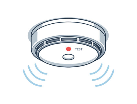 full color flat icon smoke detector on ceiling with tiny test button and soft sound wave lines