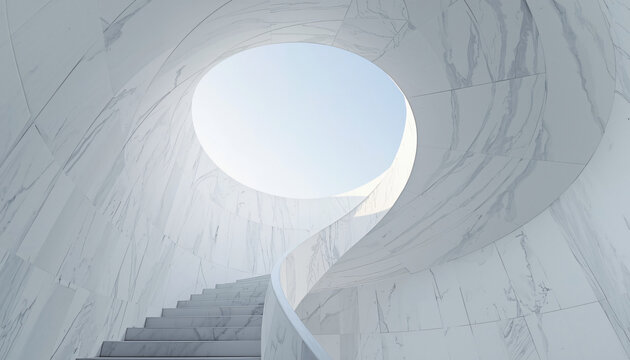 minimalist white marble spiral staircase ascending toward a bright clear sky for infinite success concept