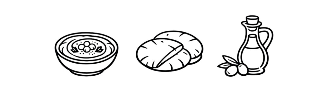 black and white outline lebanese hummus bowl pita bread olive oil
