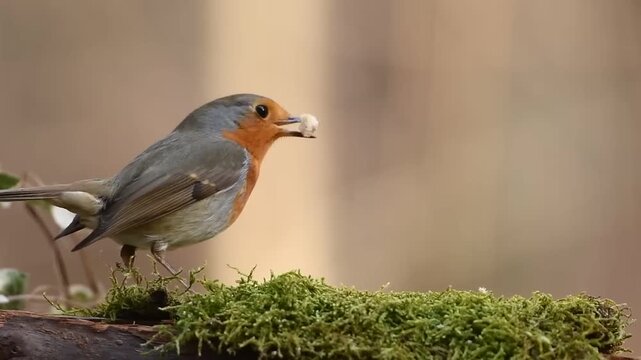 Robin Bird in Forest Stock Footage captures a beautiful and intimate moment of a small bird perched naturally within a forest environment. This footage highlights the elegance and charm of a robin bir