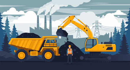 Coal mining operation vector illustration with excavator, dump truck, and power plant in background © PDWN Creative