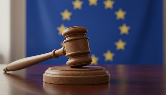 Wooden gavel resting on a glossy table, symbolizing justice, law, and regulation within the european union, with the blurred eu flag in the background
