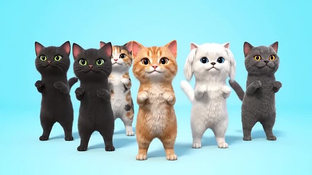 Cute cartoon cats standing and dancing in a line.